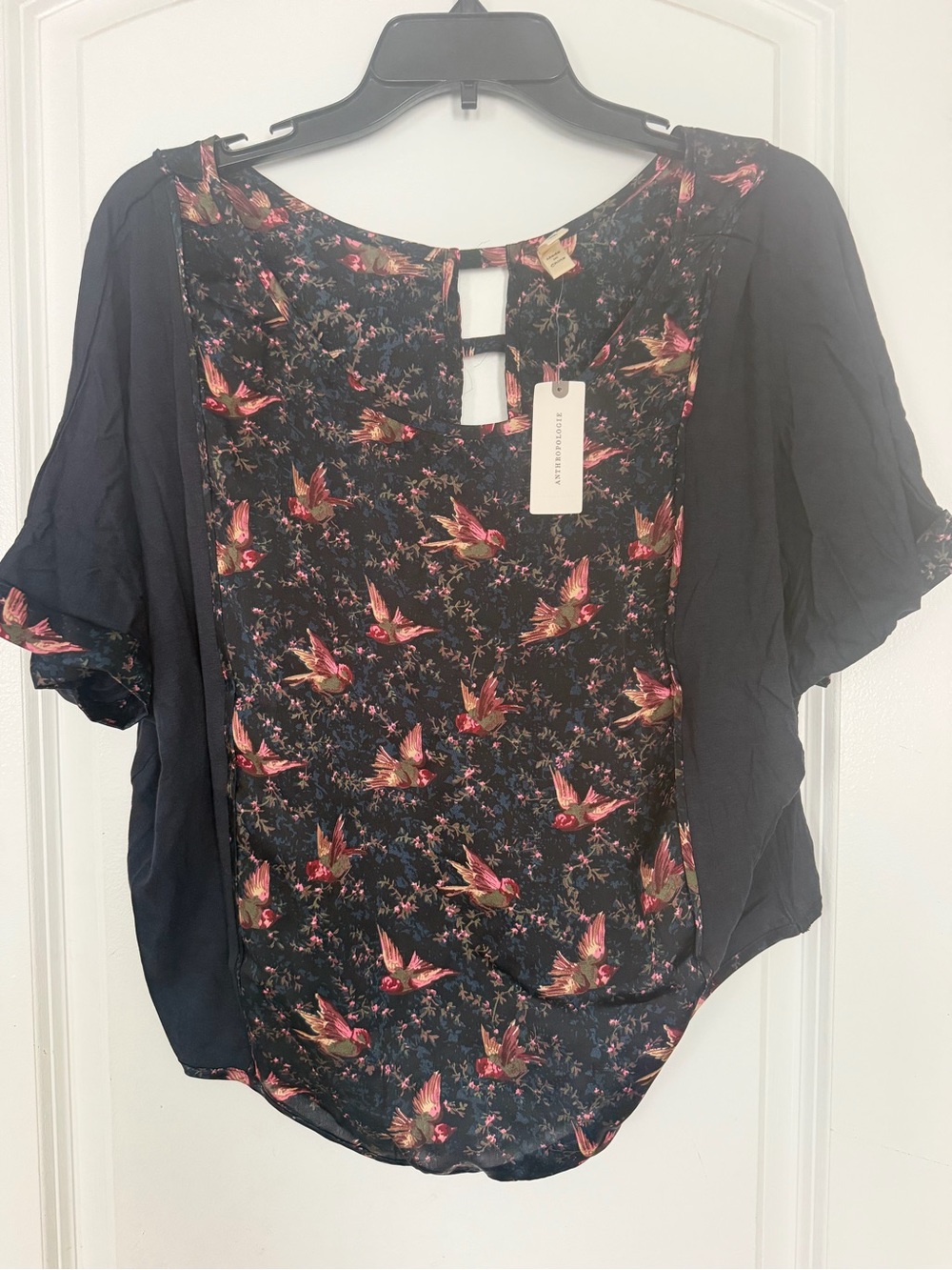 Anthropologie Navy Blouse with Pink Floral Bird Print